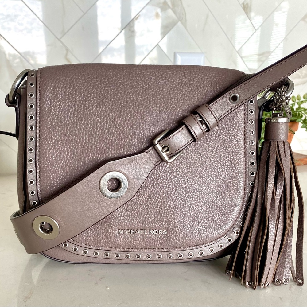 Michael Kors Brooklyn Leather Medium Crossbody Saddle Bag with Studs and…